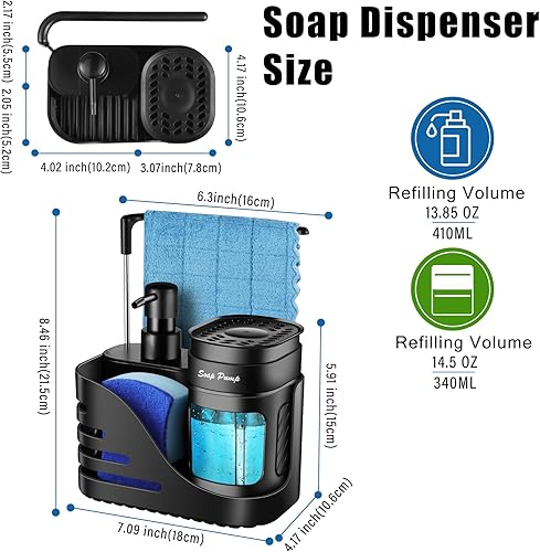 Miniatura 6 de Juego de dispensador de jabón de cocina, 4 en 1, dispensador de jabón doble para manos y platos con soporte para esponja y soporte para paño de