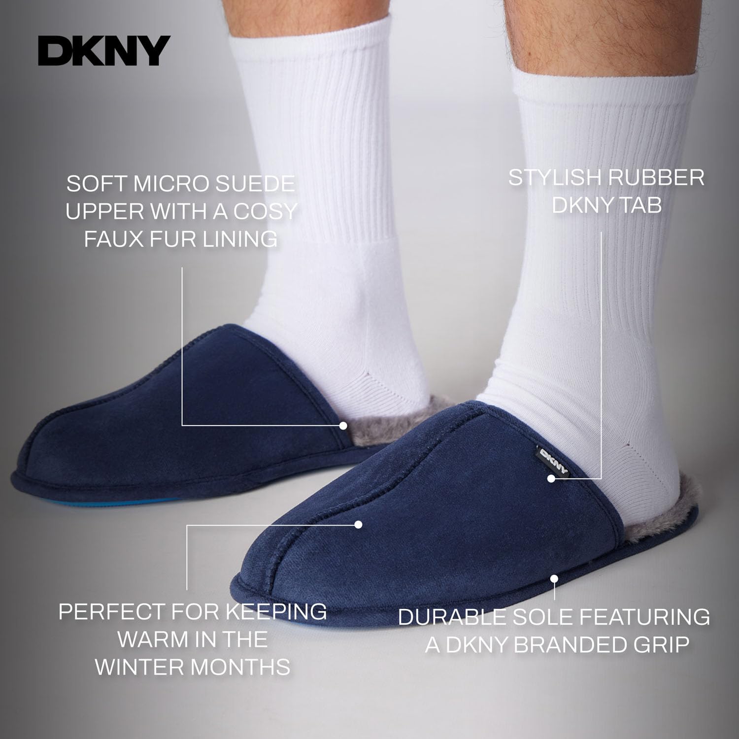 DKNY Kapcie męskie, wygodne, zamszowe kapcie dla mężczyzn z ciepłą podszewką ze sztucznego futra, pantofle, miękkie i oddychające, dostępne w kolorze czarnym, szarym, jasnobrązowym i granatowym
