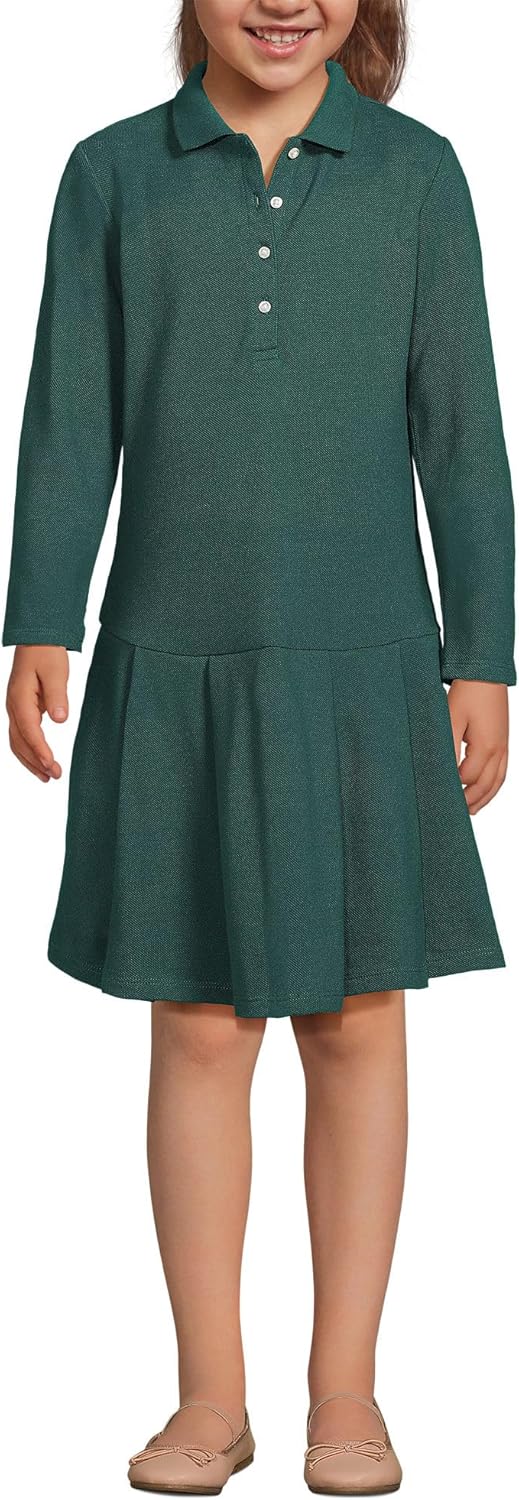 Lands' End Girls Long Sleeve Mesh Pleated Polo Dress