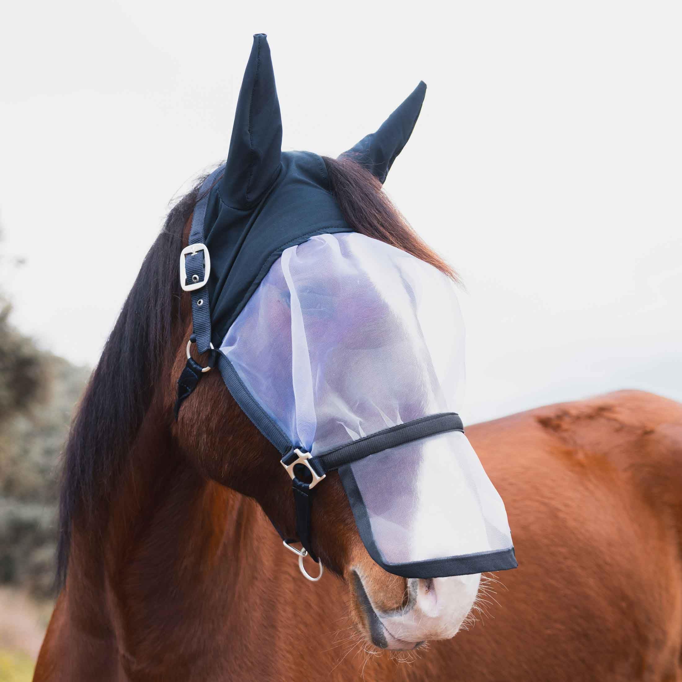 Horze Paso Fino Pferde Halfter mit Integrierter Fliegenmaske – Robustes Halfter mit UV-Schutz, Ohren- & Augenschutz, Blau, XF