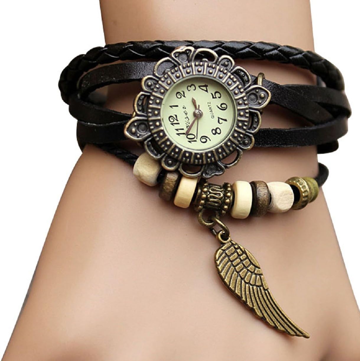 Sannsis(TM) 1PC Black Vintage Womens Leather Quartz Wing Beads Wrist Watches