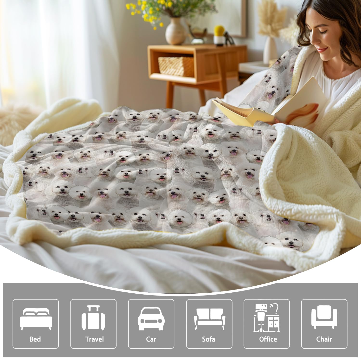 BlessLiving Bichon Frise Sherpa Blanket - Dogs Pattern Fuzzy Fleece Throw for Kids and Women - Cute Puppy Theme (130x150cm) - Image 4