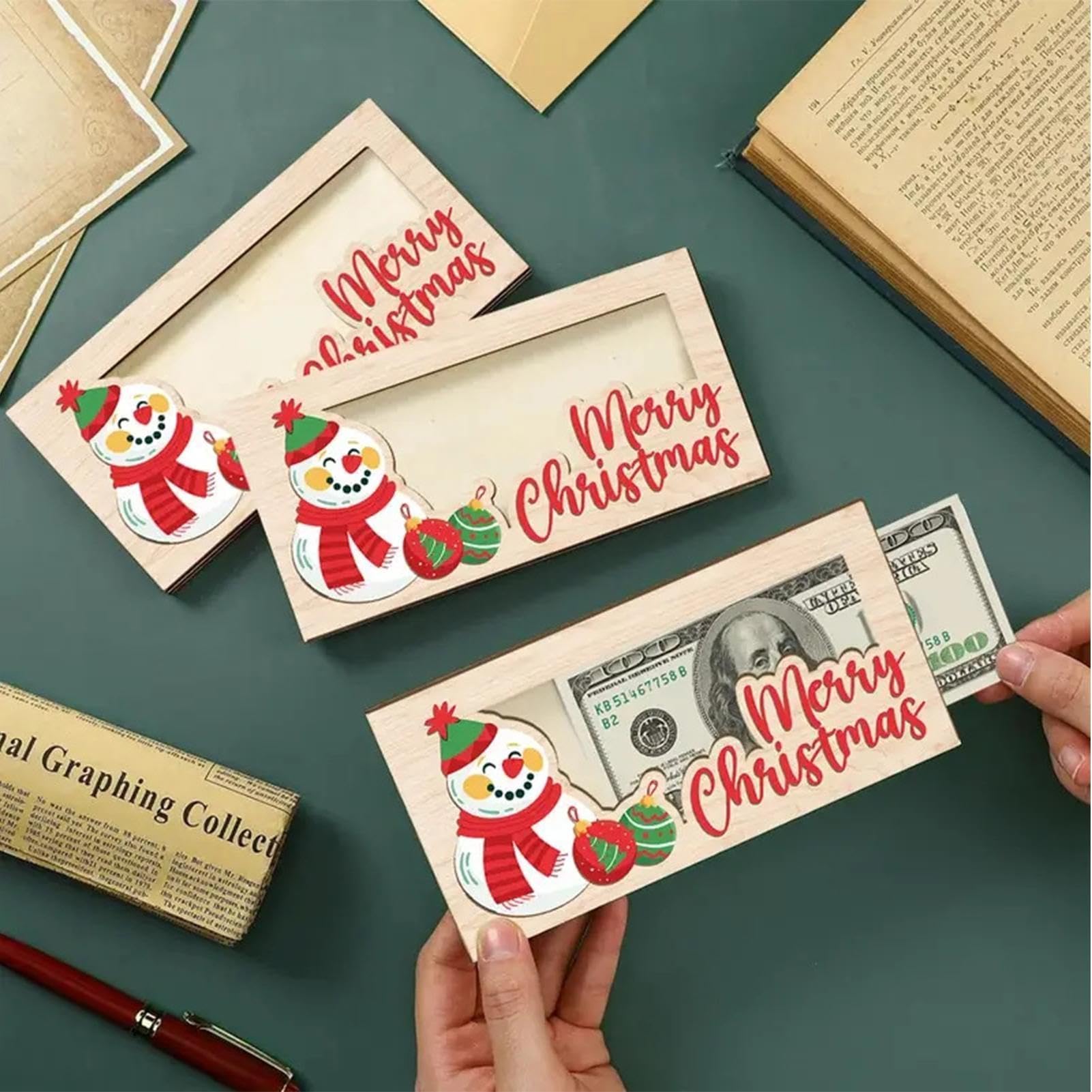 Porte-billets en bois pour cartes de Noël | Porte-billets de Noël en bois pour espèces – Bonhommes de neige et lettres support de cartes de vœux