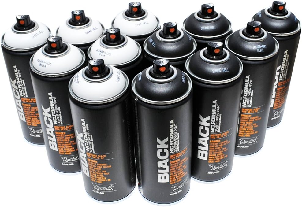 Montana BLACK 400ml Set of 12 Graffiti Street Art Mural Spray Paint (Black & White)
