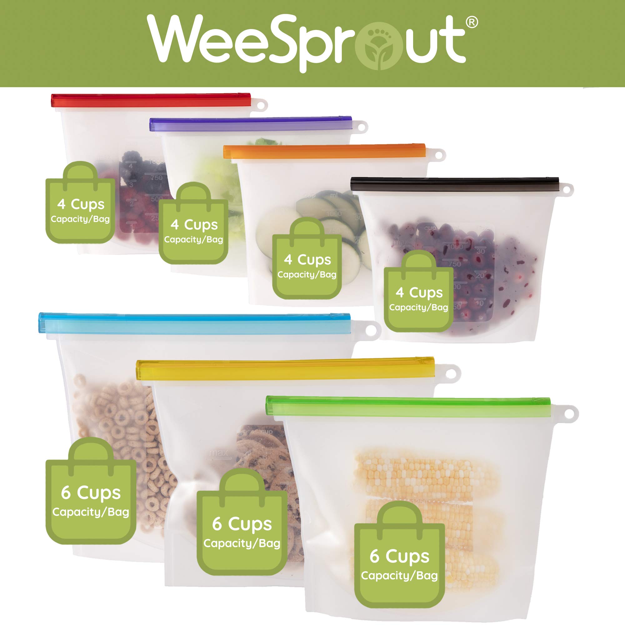 WeeSprout Sacchetti per alimenti riutilizzabili al 100% in silicone, set di 7 sacchetti ermetici e ermetici (quattro sacchetti da 4 tazze e tre da 6 tazze), adatti al congelatore e al microonde