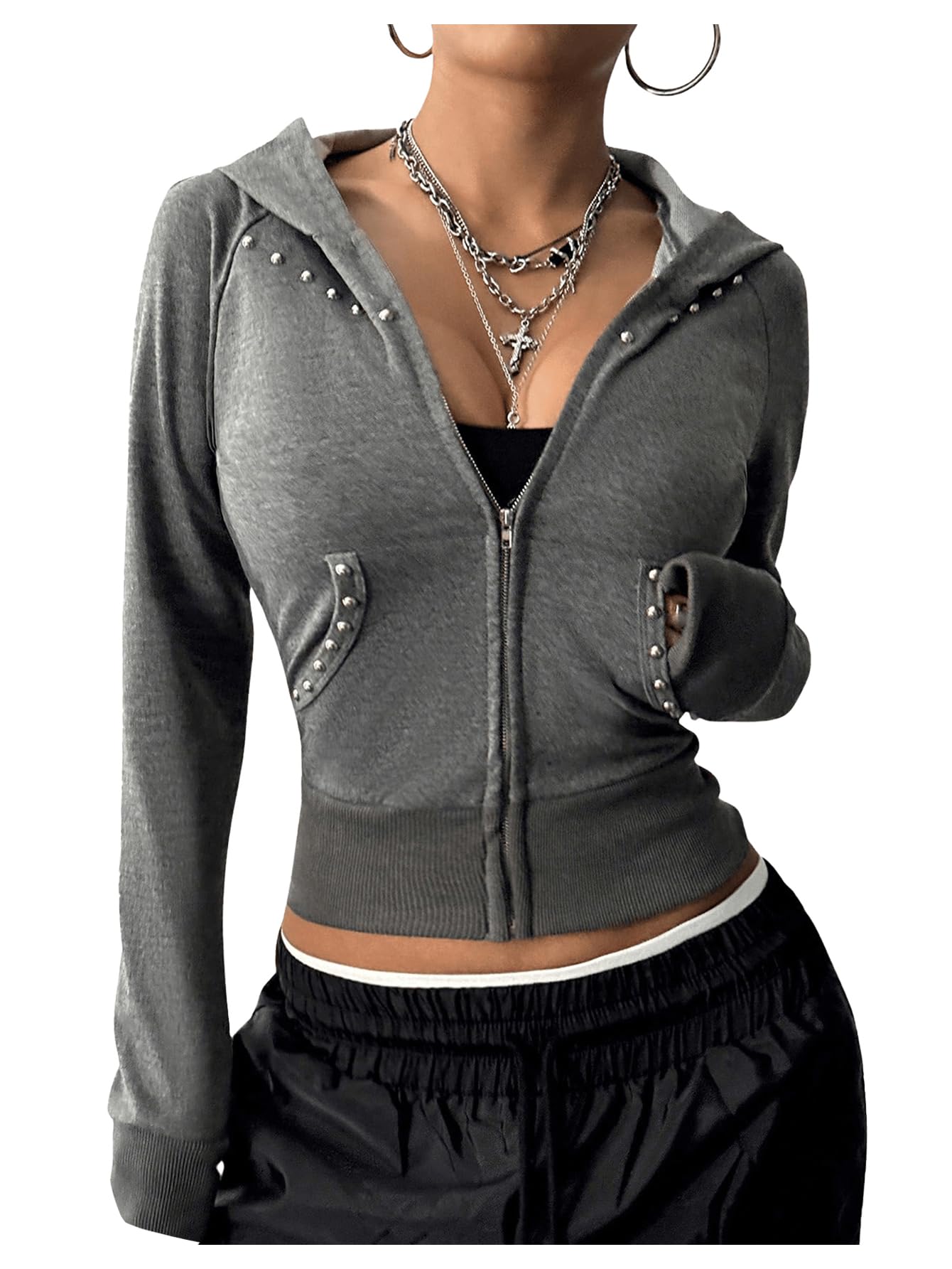Milumia Womens Y2k Zip Up Crop Hoodie Rivet Long Sleeve Hooded Sweatshirts Outerwear
