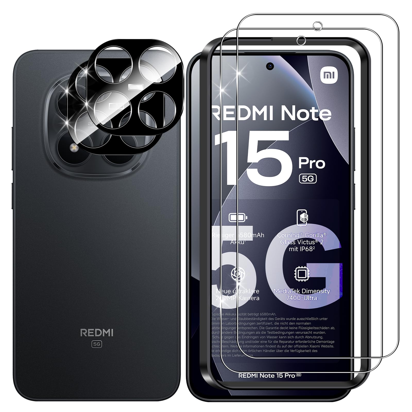 Lutree per Xiaomi Redmi Note 15 Pro 5G Vetro Temperato, 2+2 Pezzi Pellicola Protettiva+ Pellicola Fotocamera (Nera), Durezza 9H Anti-Impronte Anti-Graffio HD Senza Bolle Protezione Schermo