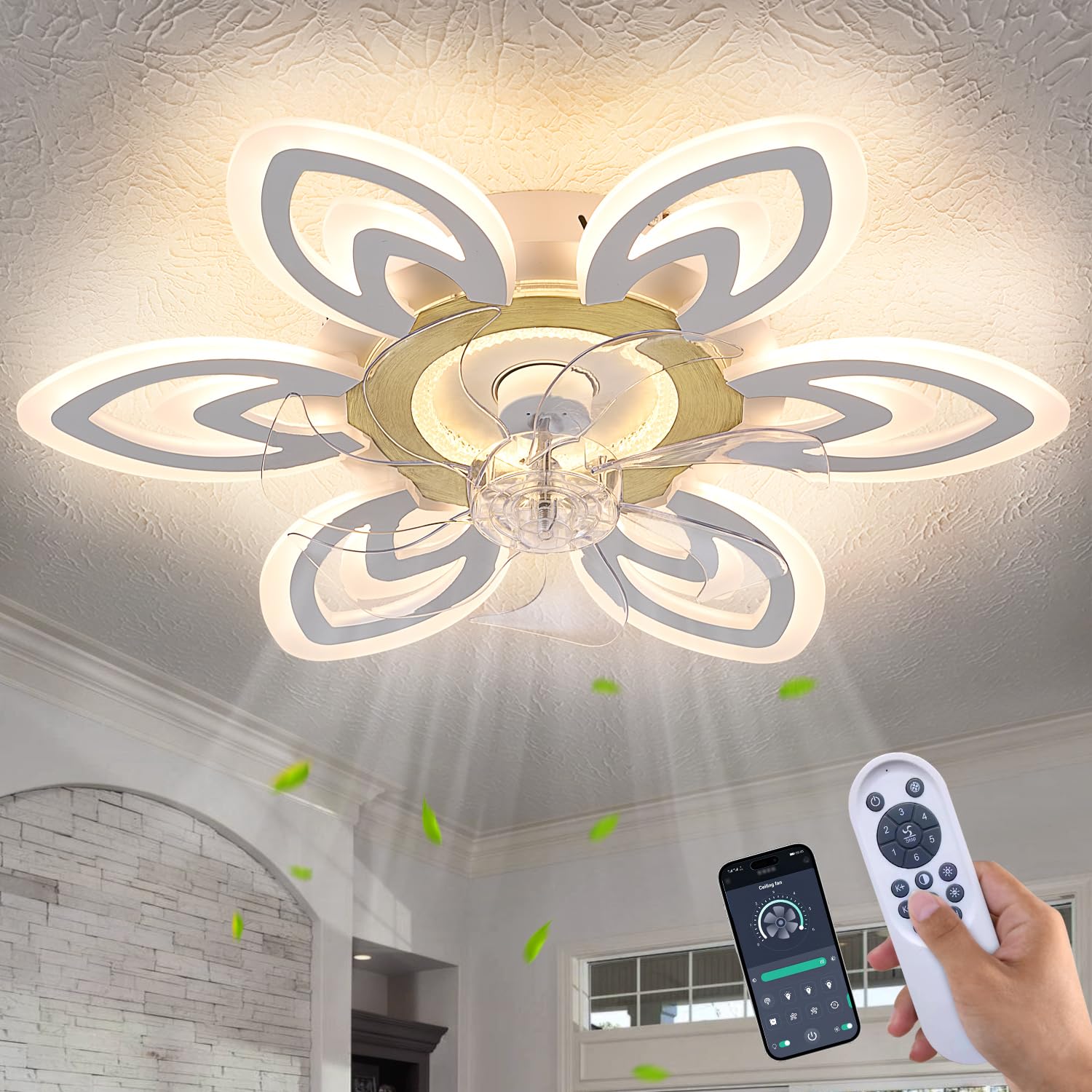 LiuShine Modern Flower Ceiling Fan with Light and Remote, 26 Inch Flush Mount Fandelier with 3-Color Dimmable LED & 6-Speed Silent Motor, Smart APP Control for Bedroom, Living Room, Kitchen - White