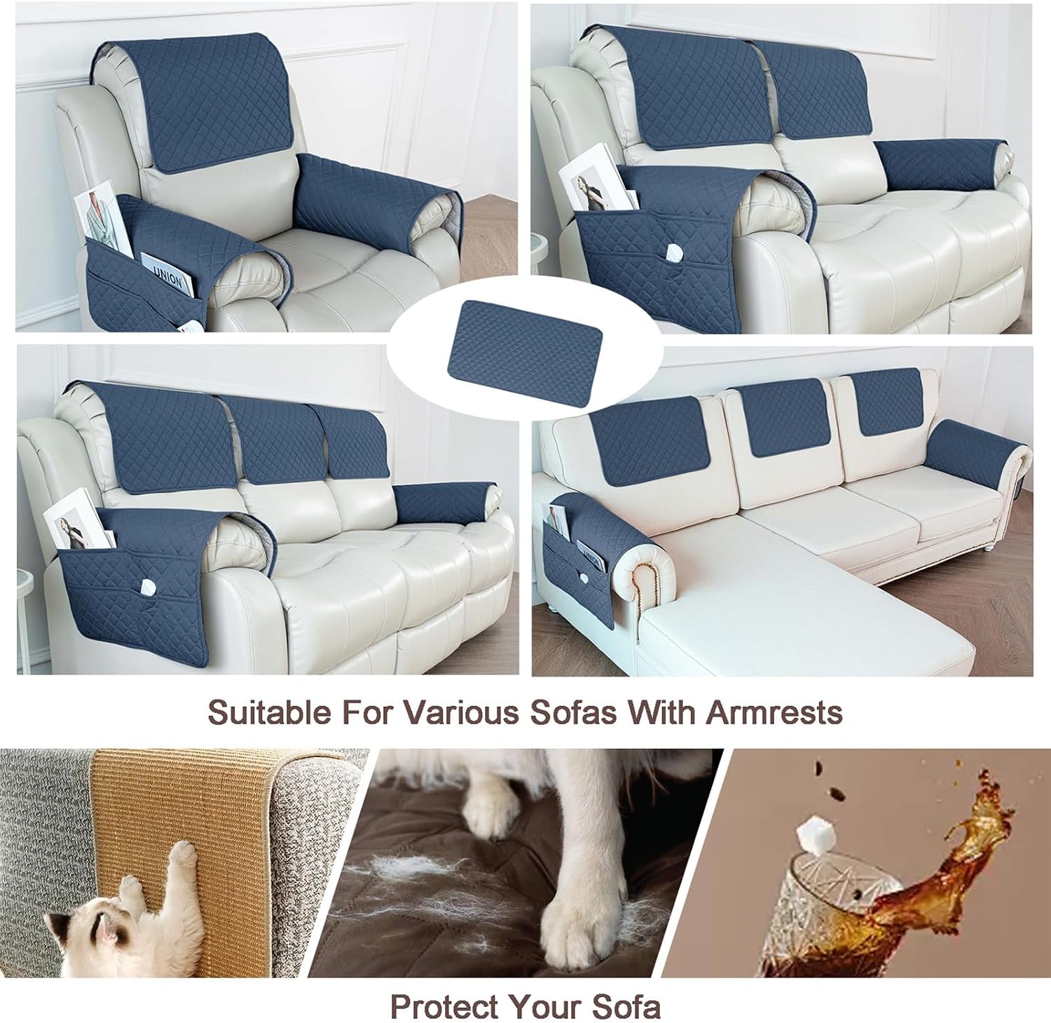 Waterproof Sofa Armrest Cover Headrest Cover with Side Pocket Non-Slip Couch Protector for Armchairs, Chairs, and Sofas (Berlin Blue,Armrest Cover 2PCS)