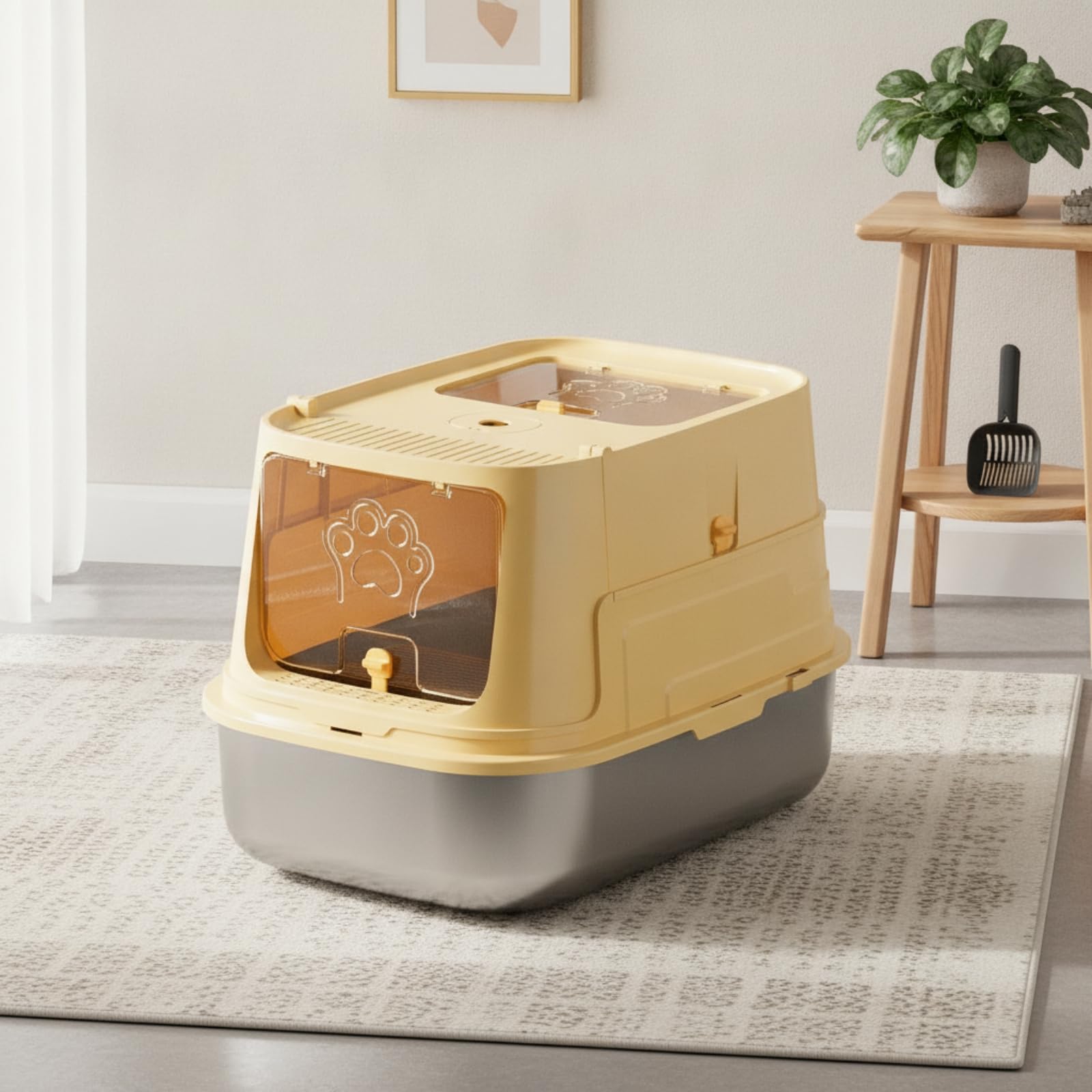 Contenedor de Arena Cerrado Arenero para Gatos Caja de Arena Bandeja con Fondo de Acero Inoxidable y Puerta de Acceso Frontal con Ranuras de, Gris Claro