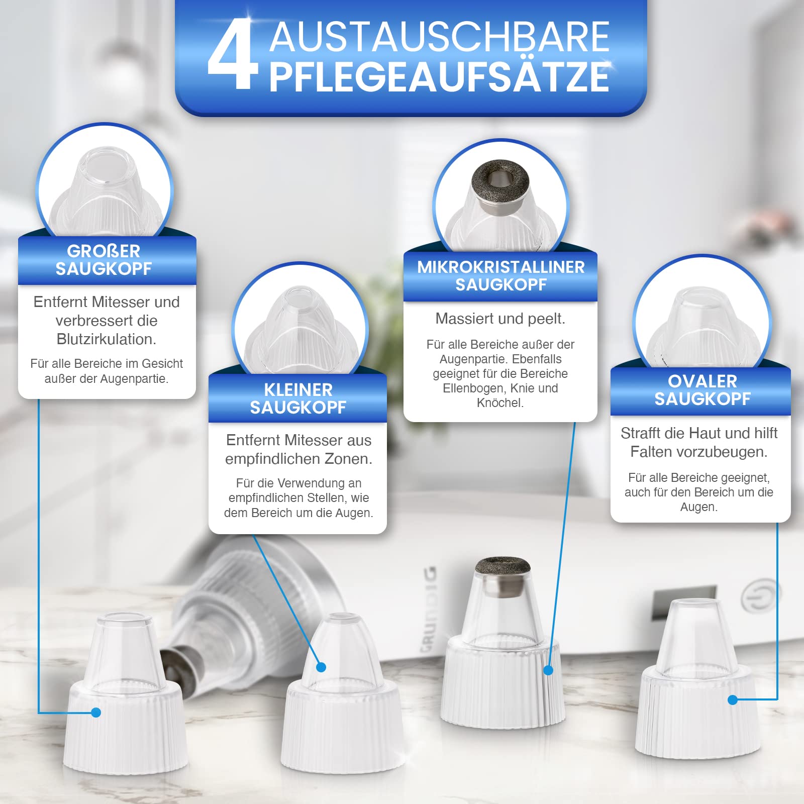 GRUNDIG Porenreiniger Mitesserentferner - Mitesser dauerhaft und schnell entfernen - Akku Porensauger mit 5 Wirkstufen, Hygienefilter 4 Profi Sauger Pflegeaufsätzen I Blackhead Remover (Gerät), Weiß