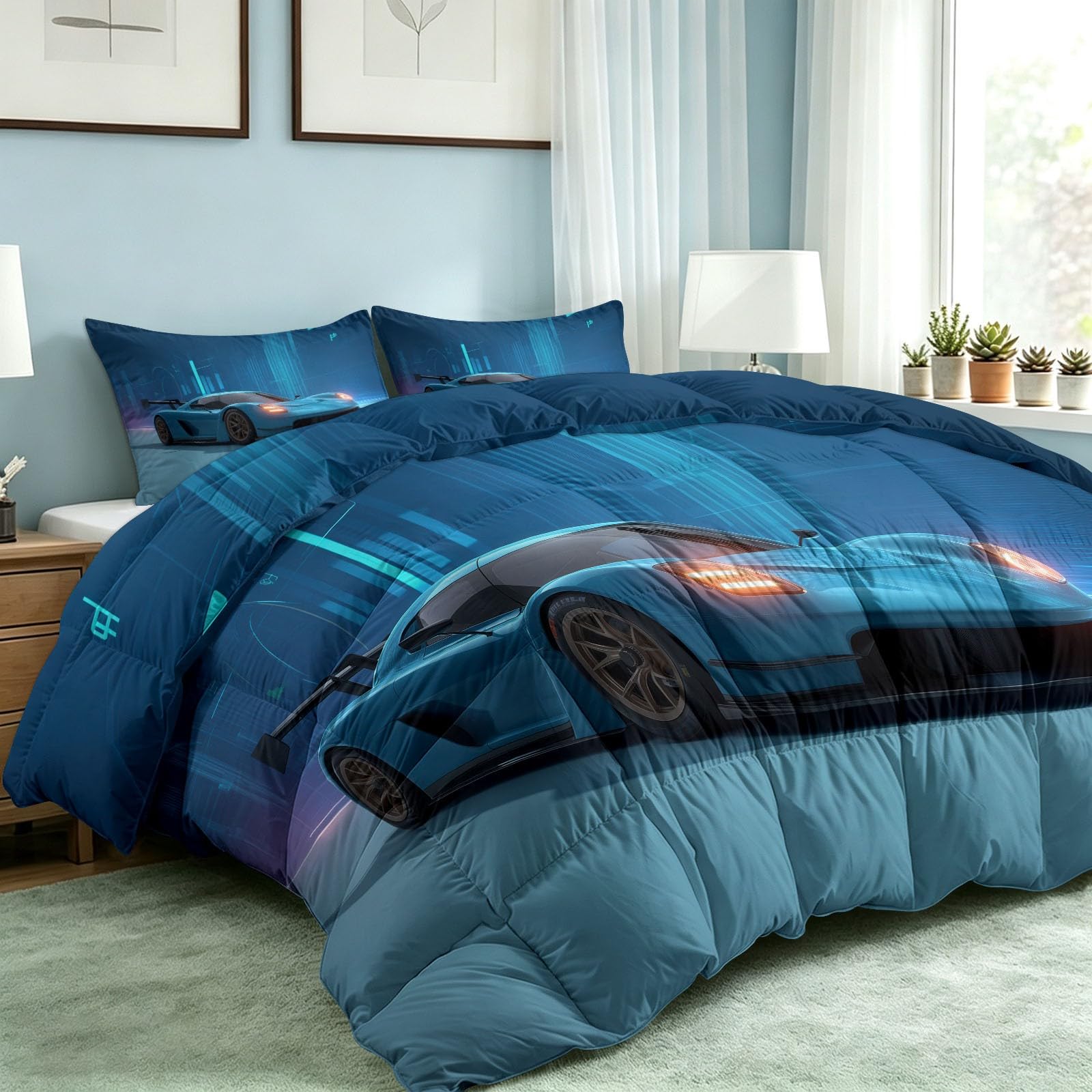Générique Dynamiczna prędkość kołdra temperowana 140 x 200 cm dla dzieci łóżko jednoosobowe, wszystkie pory roku Ciepła kołdra antyalergiczna, supercar 3D wyścigi samochodowe koc zmywalny bez pokrowca