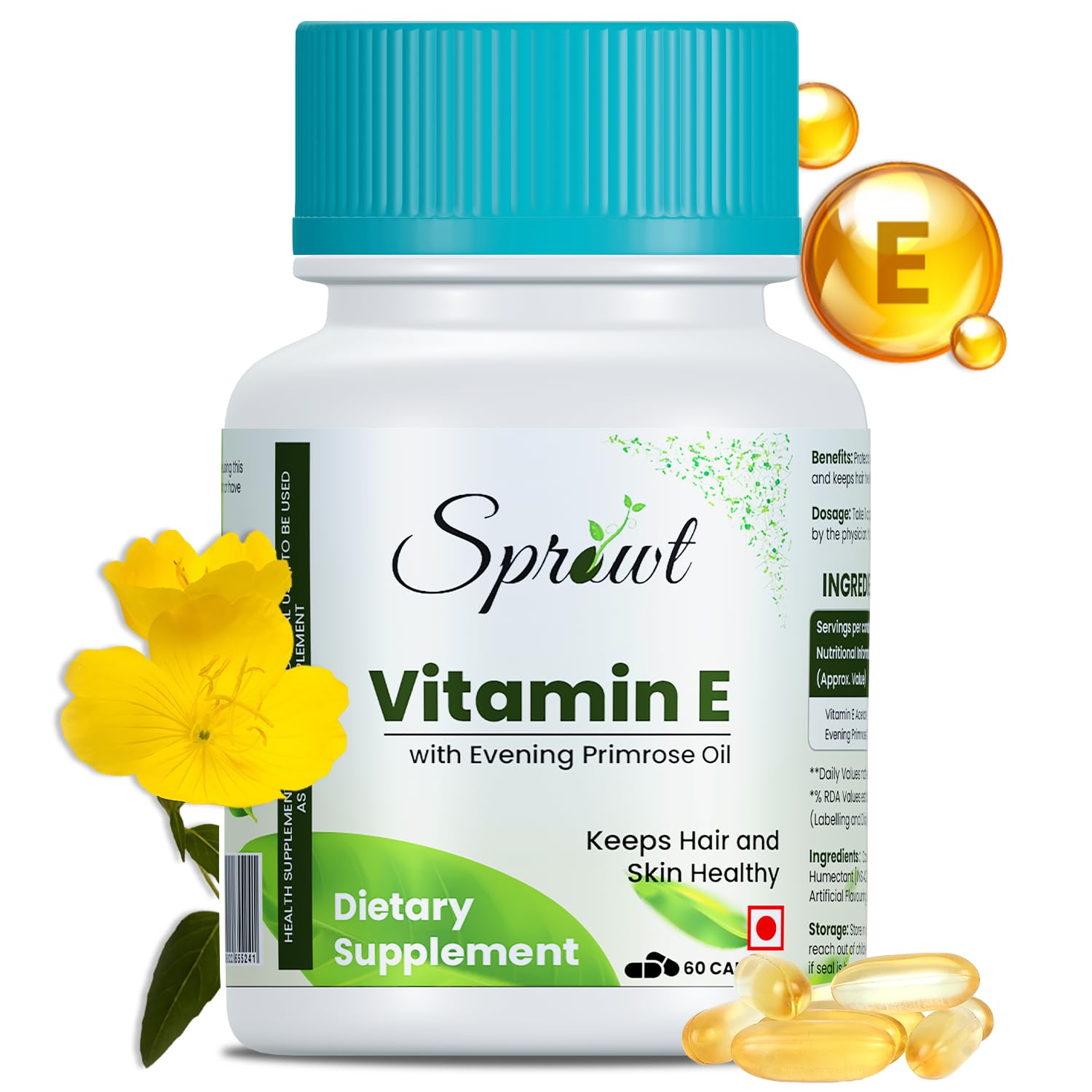 Sprowt Vitamin E Capsules for Face and Hair, with Evening Primrose, Antioxidant Support and