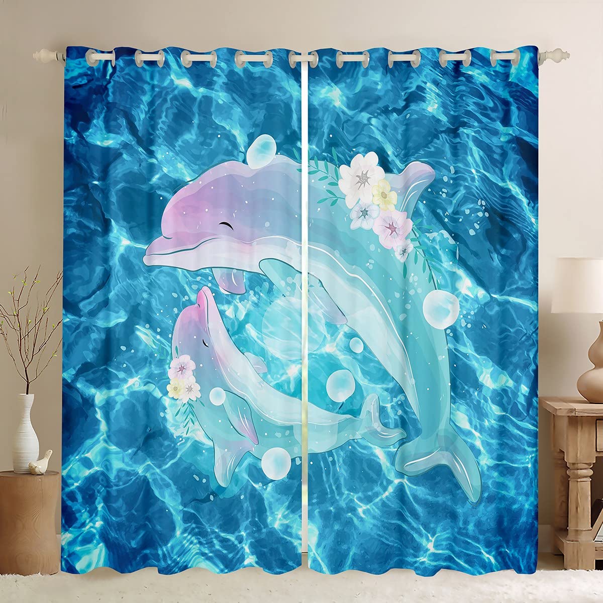 Manfei Cute Dolphin Kids Blackout Curtain Marine Animals Window Drapes for Boys Girls Teens Room Decor, Blue Sea Wave Window Treatments Grommet Top 2 Panel Set Bedroom Curtains, 66Wx72L inch โ image 1