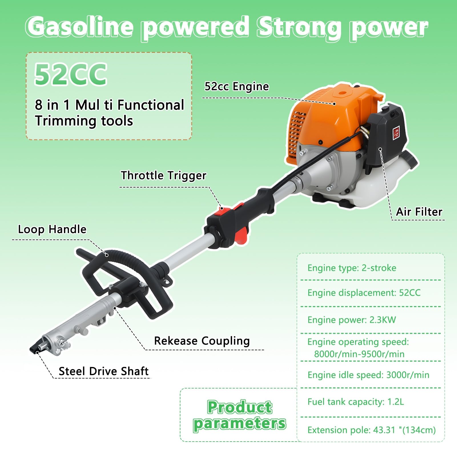 Desbrozadora de Gasolina Multifunción 8 en 1, 52cc 2 Tiempos, con Cortasetos, Podadora, Motosierra de Poda, Cabezal de Hilo, Discos, para Jardín, Césped, Maleza y Bordes de Patio Naranja
