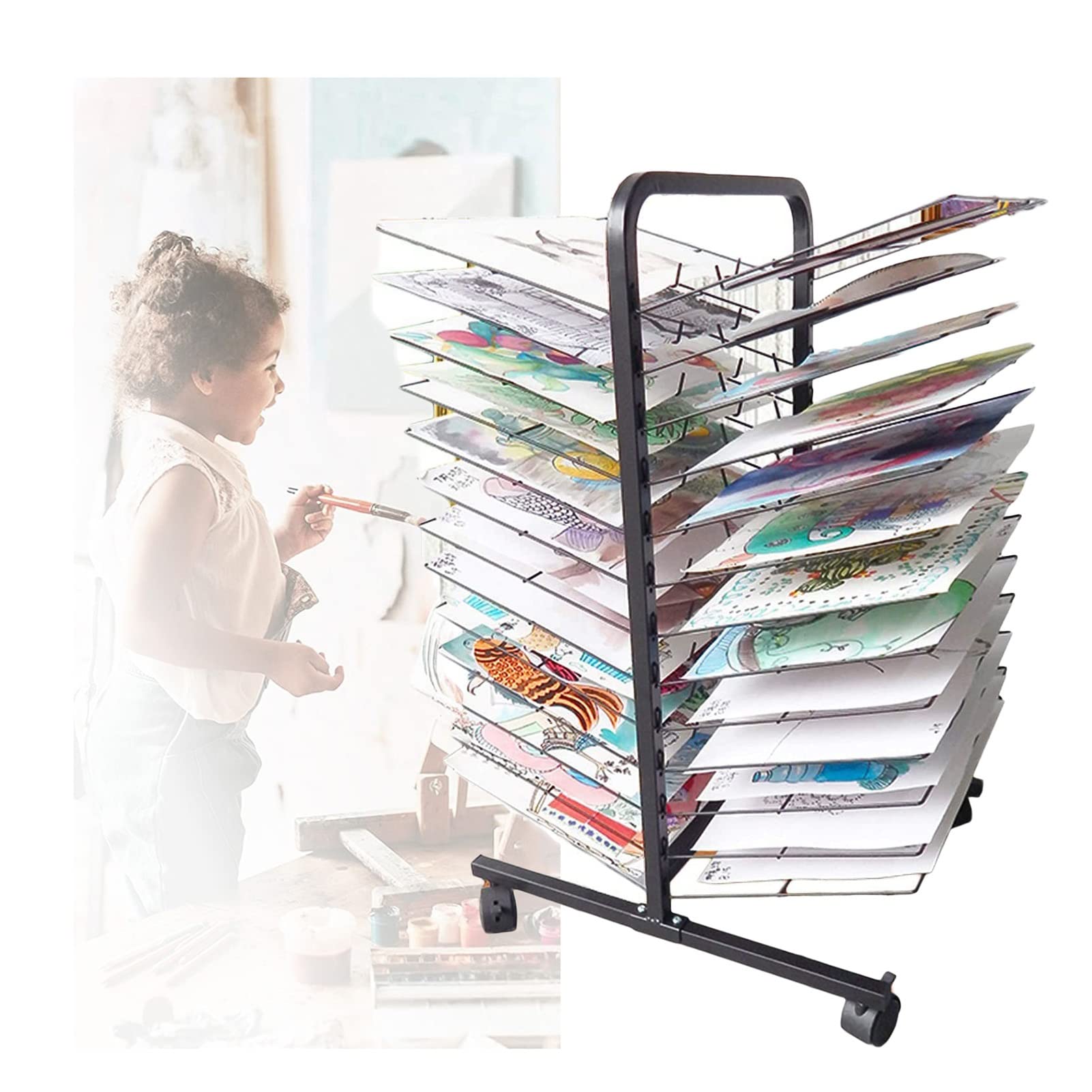 NGDFGR Art Drying Rack For Classroom Painting Crafts,26-Tier Art Easel Drying Rack-Sturdy Art Rack Storage Rack With Wheels,Great For Schools And Nurseries,Protects Artwork,