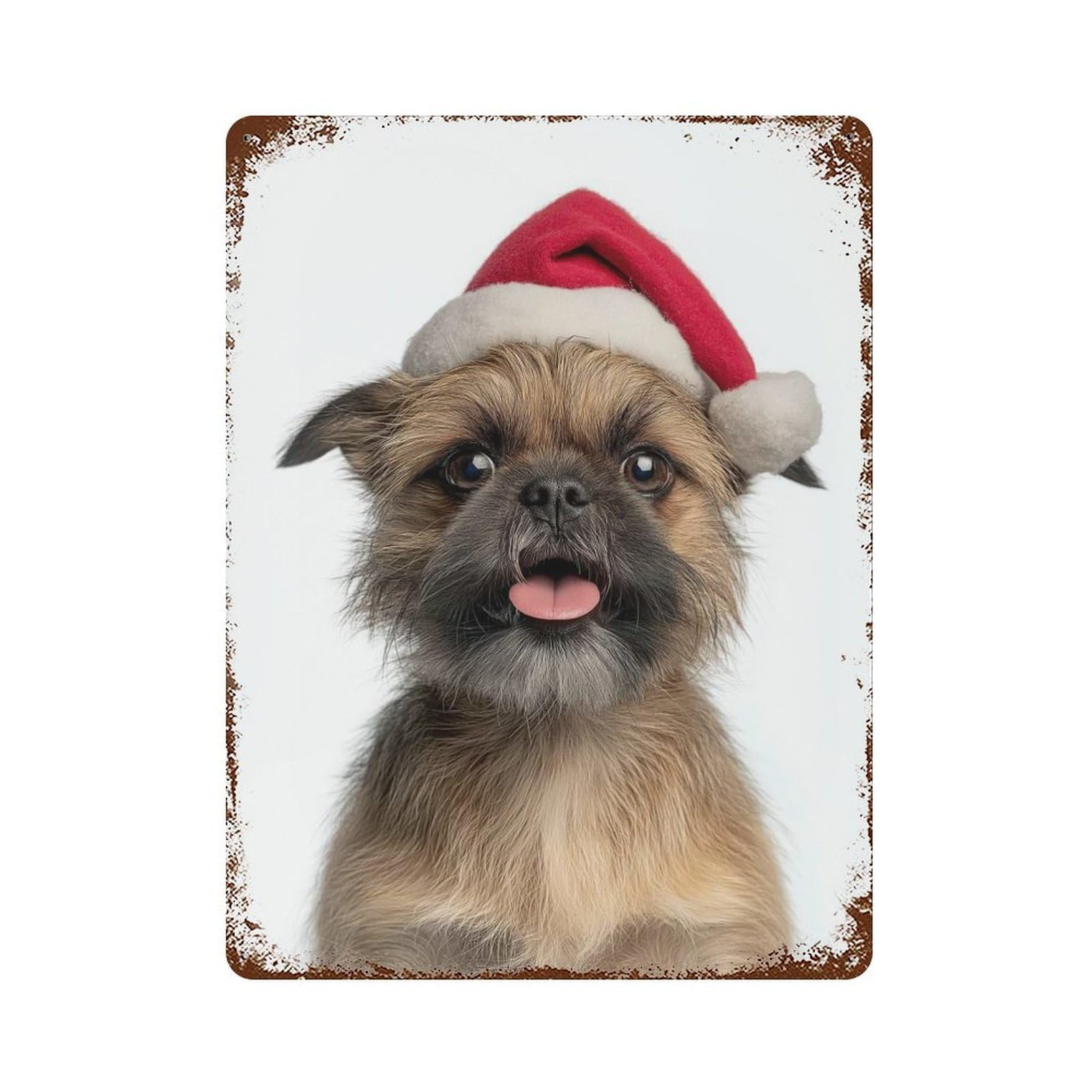 Rust Effect Brussels Griffon Dog with Santa Hat Distressed Metal Wall Sign 15.7"x11.8", Decorative Metal Wall Art for Living Room, Hallway And Home Decor