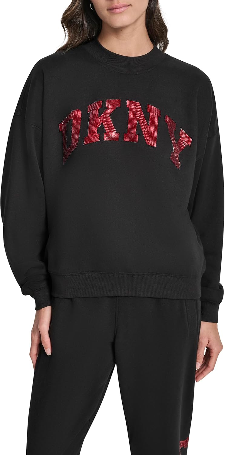 DKNY womens Exploded Rhinestone Varsity Logo Pullover Fleece Sweatshirt