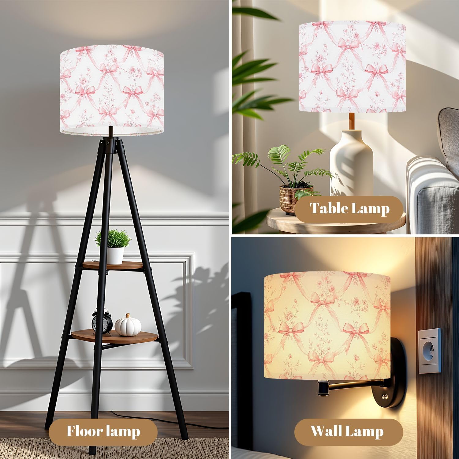 Drum Lamp Shades, 13" x 10" Small Lampshades with Pink Bow Floral Flower Cute Coquette Bows Girls Room, Boho Lamp Cover for Table & Floor Lamps, Modern Farmhouse Easy Assembly Decor