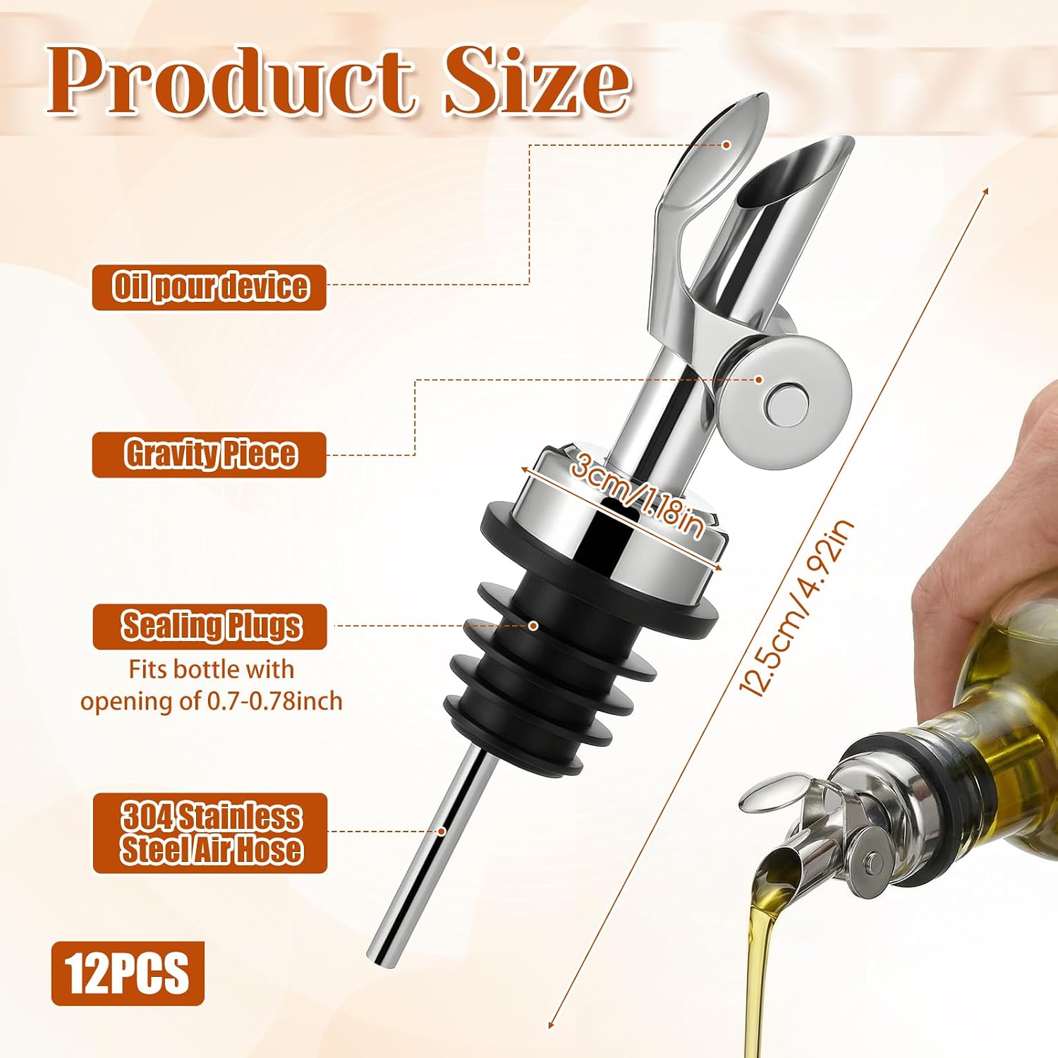 12 Pcs Weighted Stainless Steel Liquor Bottle Pourers, Self-Closing Olive Oil Dispenser Spout Silver Auto Flip Feature Liquor Pour Spouts for Pours Liquid Olive Oil Vinegar Wine