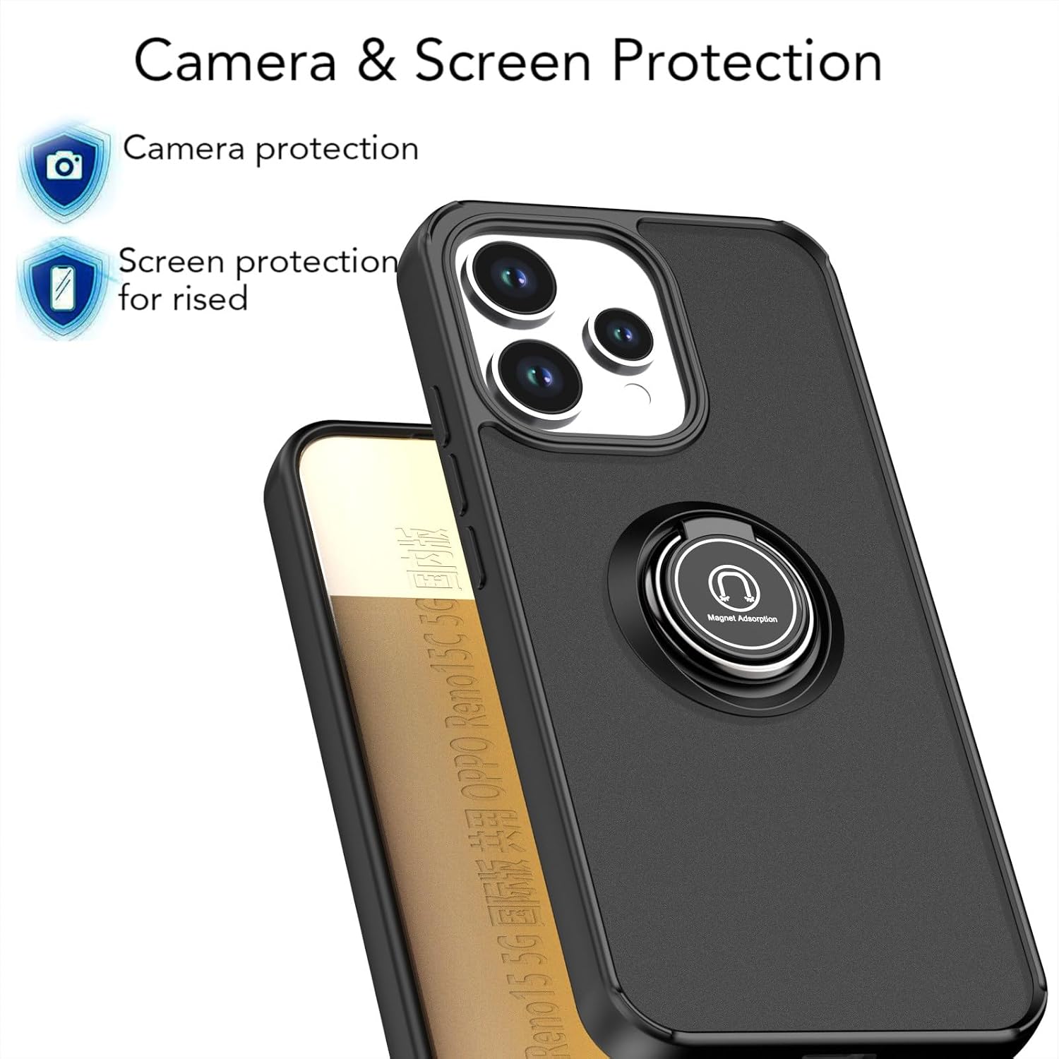 QUIETIP Case for Honor X8d with Screen Protector,Magnetic Ring Car Stand Silicone Translucent Protection Cover,Black