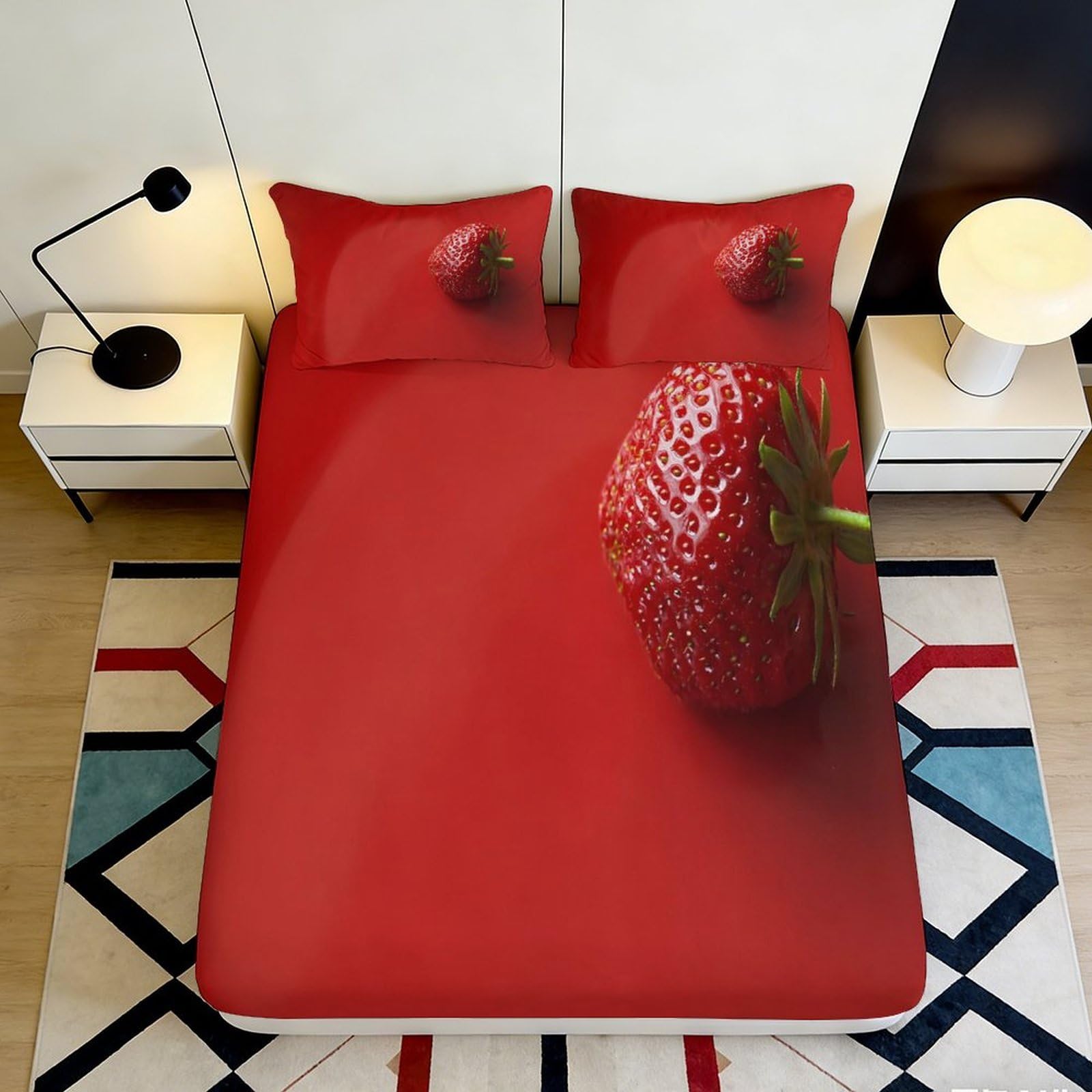 3D Printed Strawberry Red Fitted Sheet Microfiber Anti-Slip Bed Cover Fruit Pattern Mattress Protector for Bedroom Dorm Decor 160x200x25cm