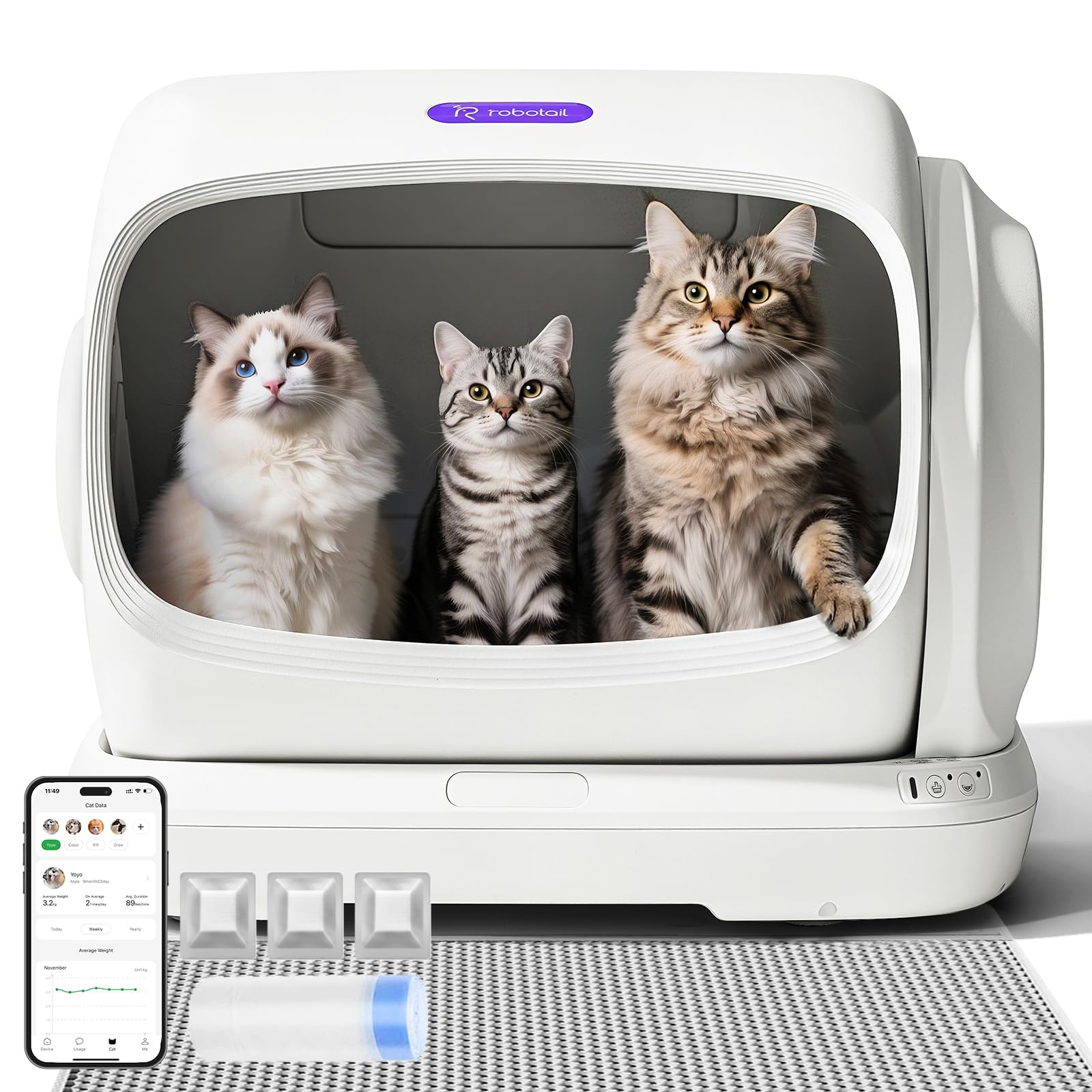 Robotail Selbstreinigende Katzentoilette Katzenklo Selbstreinigend, 106L XXXL Elektrisches Katzenklo für Große Katzen, Automatisches Katzenklo mit Weiter Öffnung, APP, Sensorsystem und Einklemmschutz