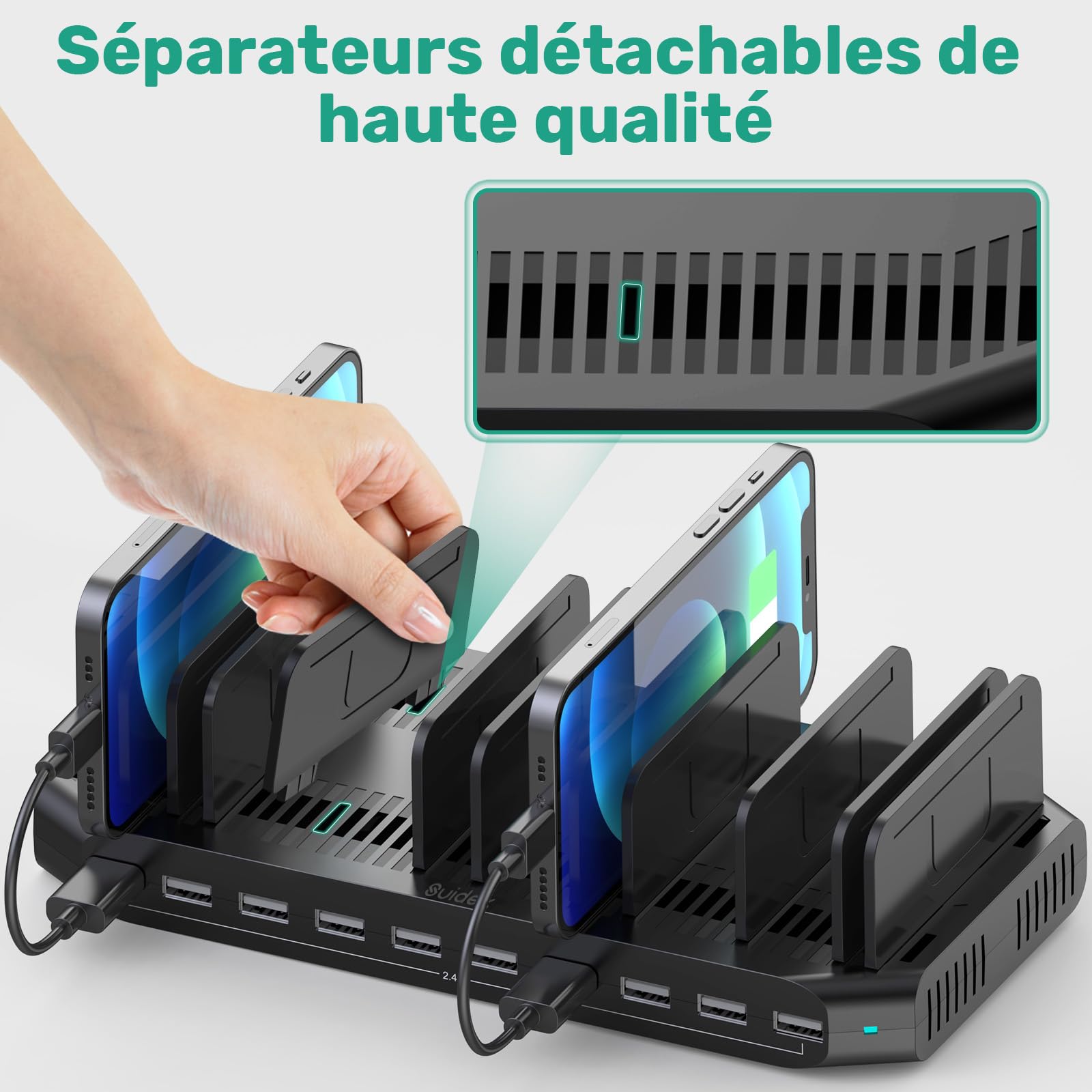 SUIDEK Station de Charge Multi Appareils 10 Ports, 60W Station de Charge USB avec Séparateurs Réglables, Station de Chargement USB pour Tablettes et Smartphones