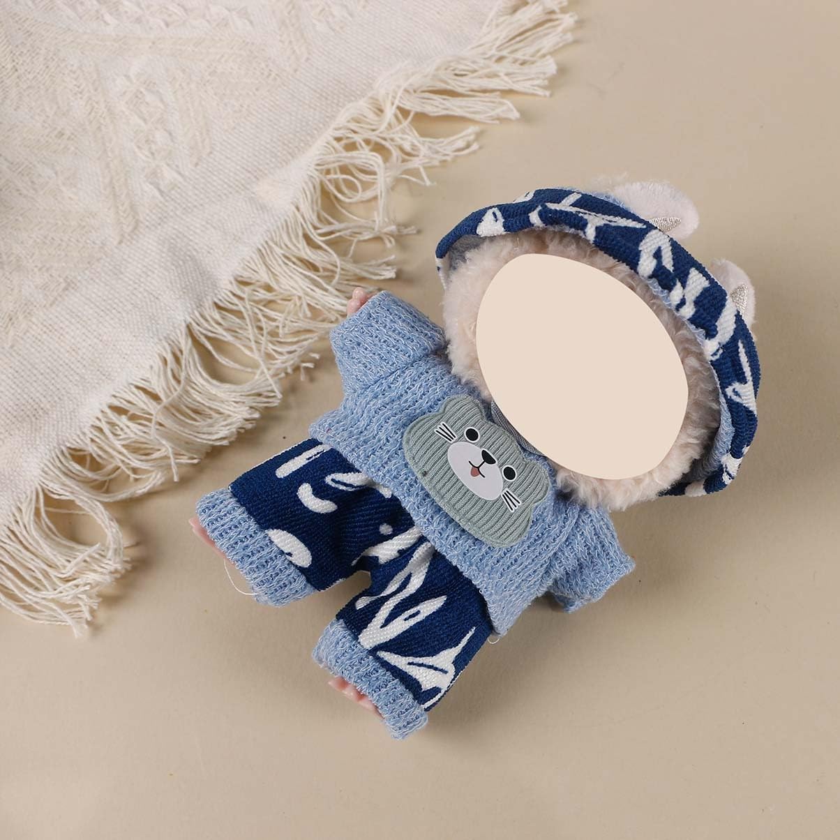 Compatible with Labubu (NO Doll) - Blue-White Knit Set (Patterned Beanie + Bear-Patch Sweater + Matching Pants), 15cm/17cm Doll Clothing (Blue-White)