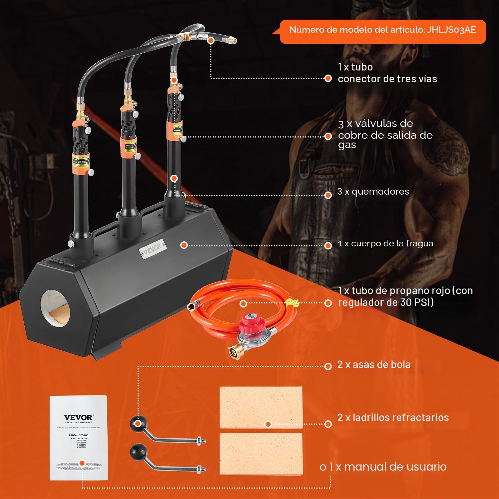 VEVOR Forja de Gas Propano 3 Quemadores, Horno de Fusión de Propano Temperatura Máx 1427 ℃, Horno de Forja de Gas Portátil, Fabricación de Cuchillos, Forja de Metales para Cuchilleros, Herreros