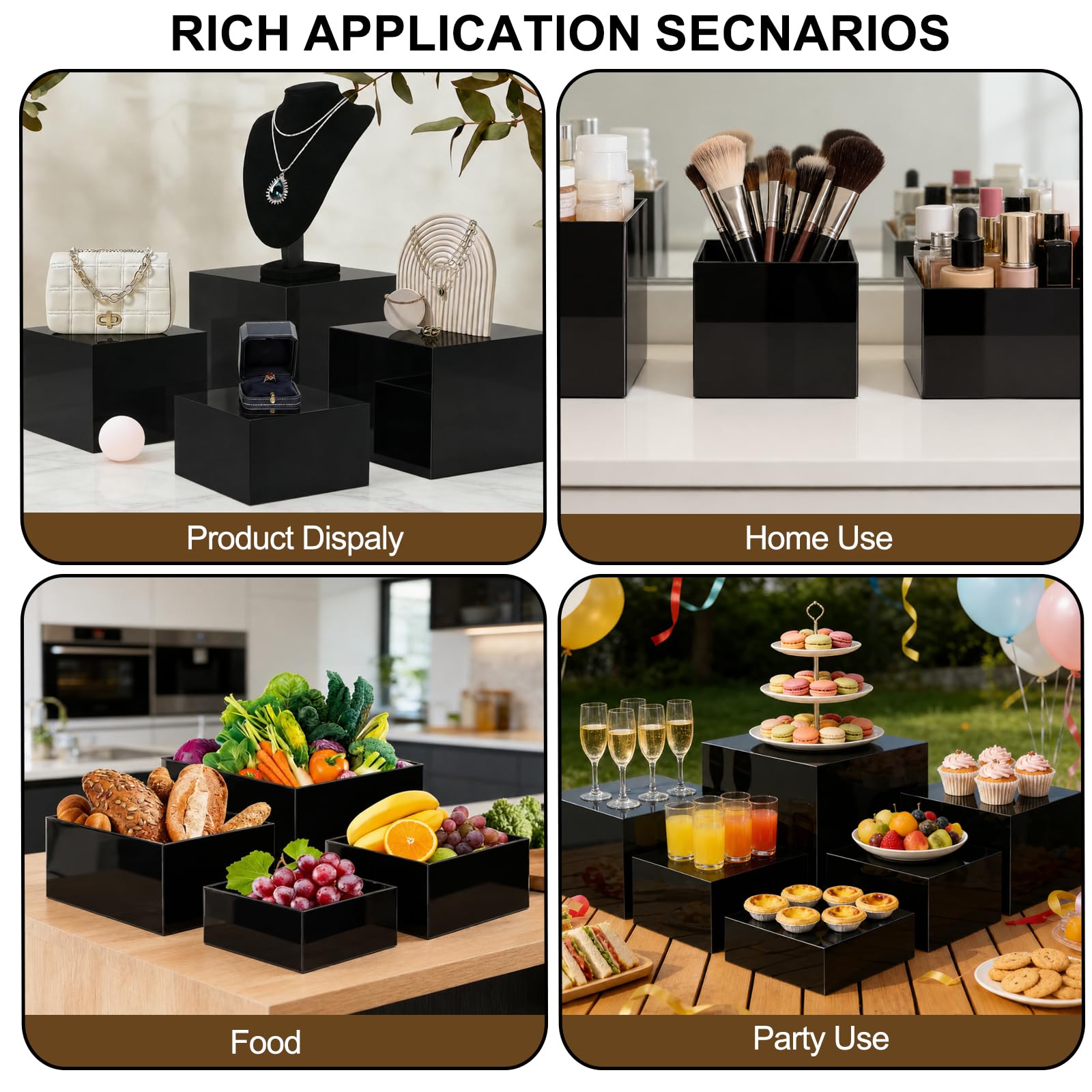 6 soportes de exhibición negros para alimentos y pasteles, elevadores de bufé, cajas de exhibición acrílicas, soportes de postre para exhibición de mesa de buffet, torre de cupcakes, soporte
