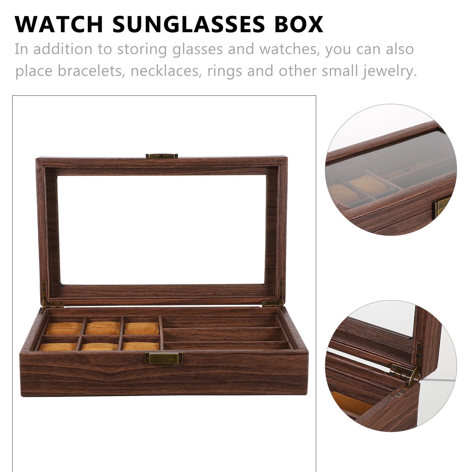 TOYANDONA Caja Organizadora y 3 Espacios Retro de Relojes y Gafas de Madera 6 Compartimentos Estuche Funcional para Almacenamiento y Exhibición para Relojes para Gafas