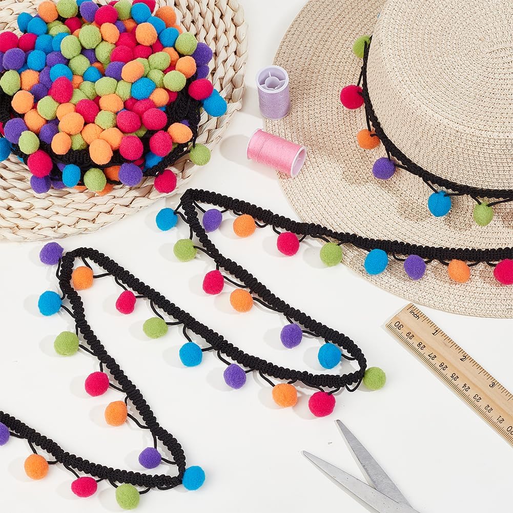 PH PandaHall 13.6 Yards Pom Poms Balls Fringe Trim 1.42inch Black Fringe Ball Trim Colorful Pompoms Tassel Lace Garland Ribbon Crafts for Sewing Pillow Clothing Party Home Decoration, 15mm Ball