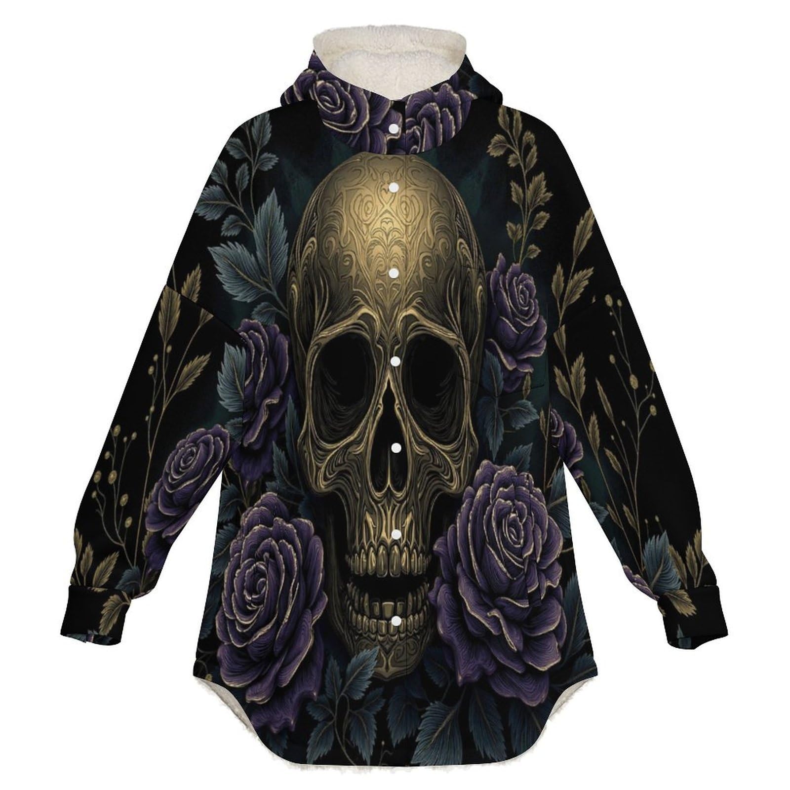 Sudadera Invierno con Capucha de Forro Polar Mujer Cráneo De Rosa Cálido Hoodies a Manga Larga Felpa Sudadera con Bolsillos, Negro
