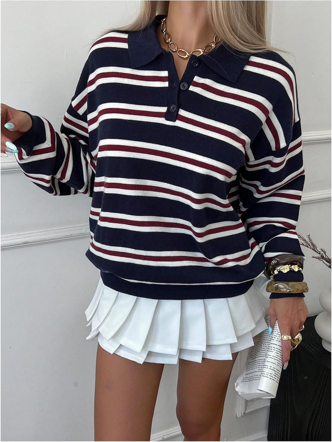 Verdusa Rugby Shirt Preppy Striped Long Sleeve Shirt Women Pullover Sweaters Collared Knit Tops - Image 4