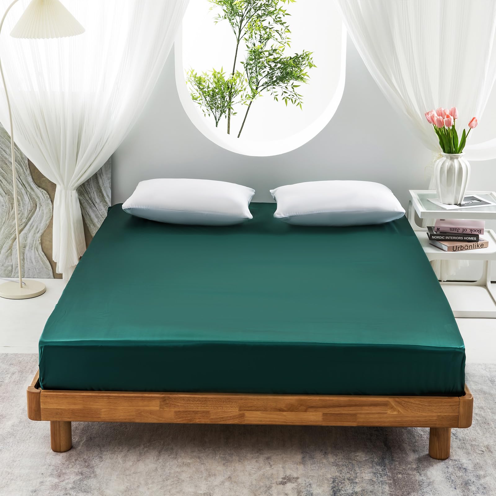 Morbuy Super King Fitted Sheet Satin Silk Bed Sheets, Dark Green Fitted Sheets Deep Pocket 30 cm, Easy Care Ultra Soft Silky Fitted Bedsheets Good for Skin & Hair