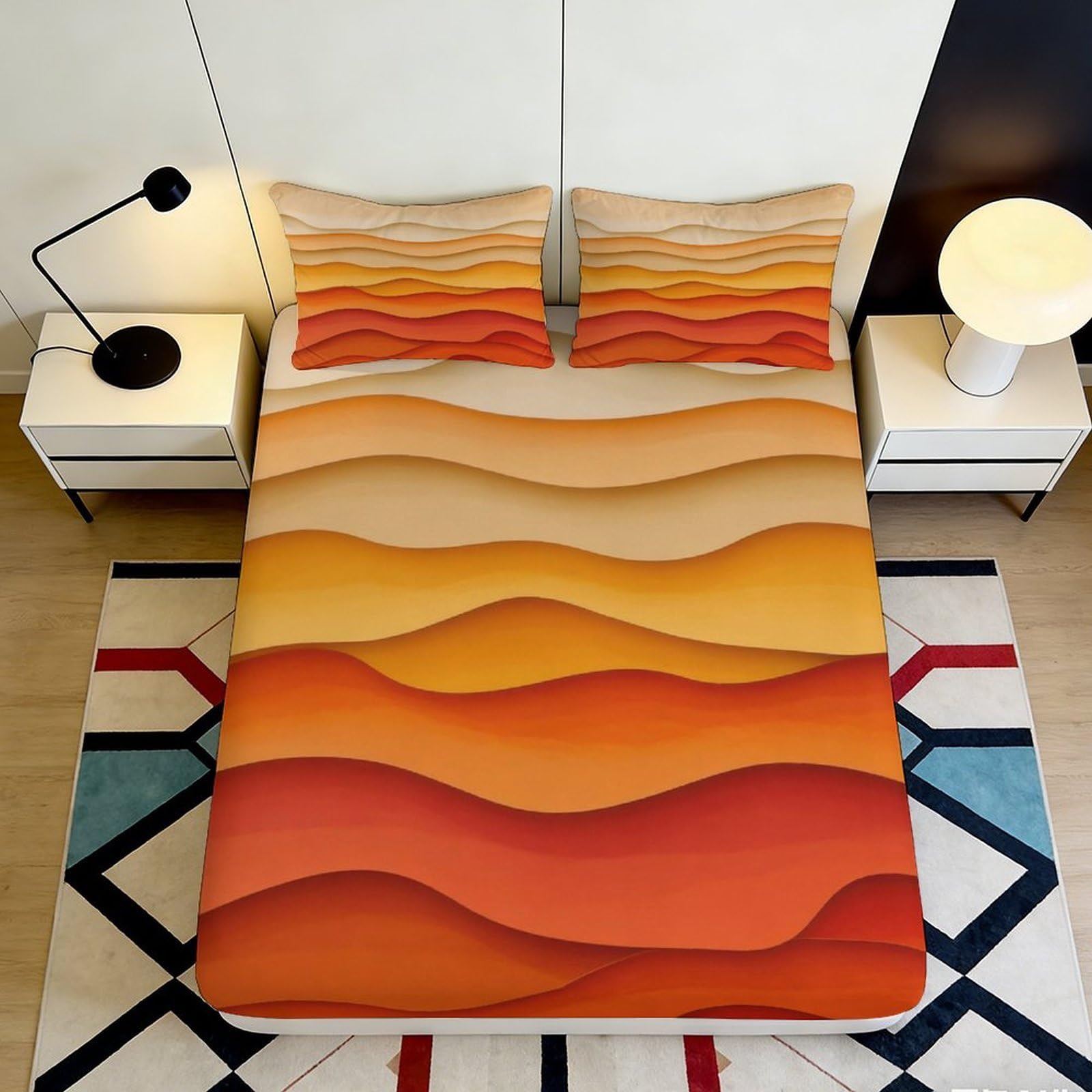 3D Printed Sunset Waves Fitted Sheet Microfiber Soft Breathable Gradient Bed Cover for Bedroom Dormitory Guest Room Protection Decor 160x200x25cm