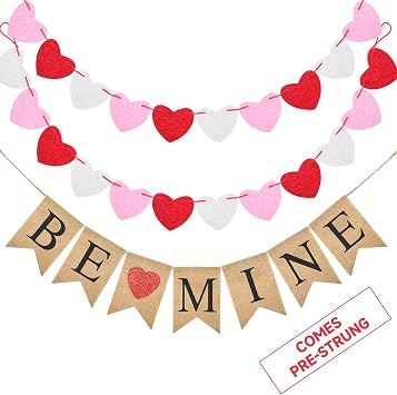 jijAcraft Valentines Burlap Banner with Felt Heart Banner for Valentines Day Decor, Pre-Assembled Rustic Be Mine Hanging Banner & 24pcs Felt Heart Garland Banner Decor for Mantle Fireplace Wall