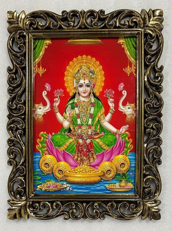 Œuvre d'art Lakshmi Maa cadre bois sculpté finition polie pour décoration salon