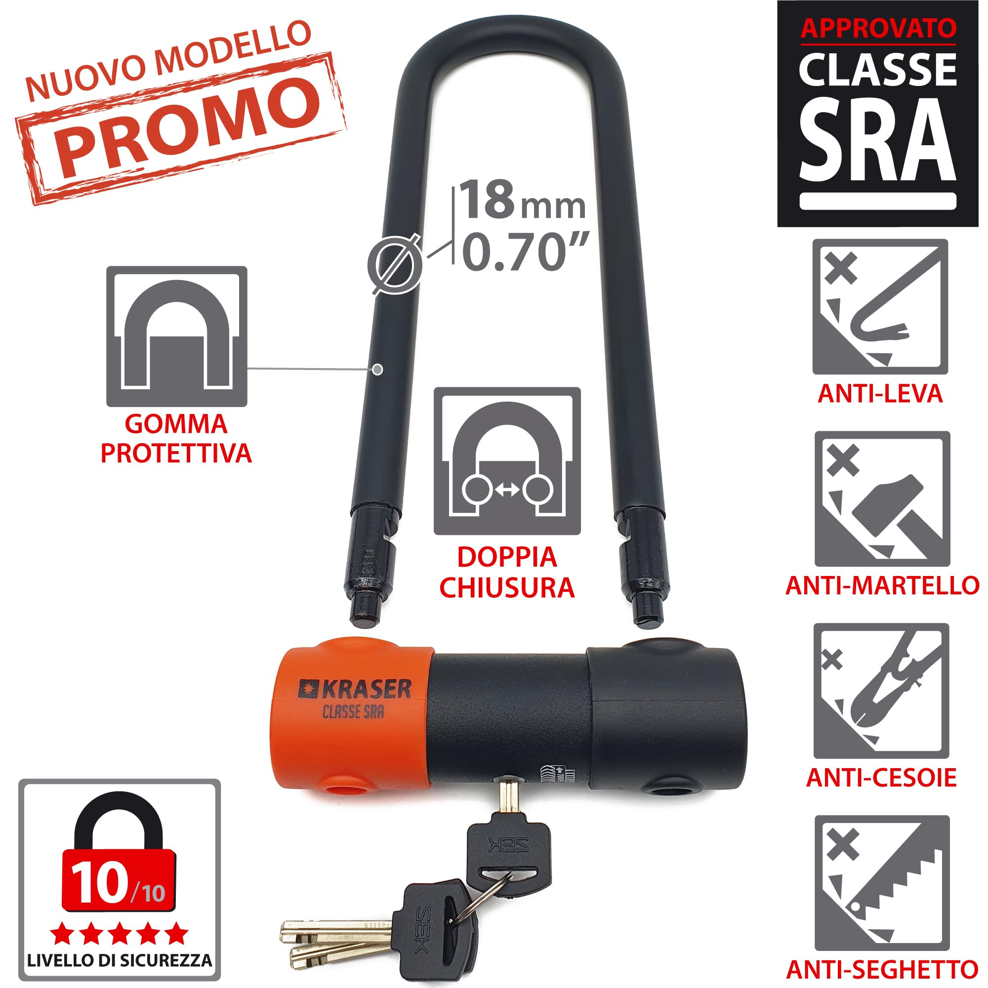 KRASER KR85L Lucchetto a U Blocco Ruota, Alta Sicurezza Testata, Omologato SRA, Arco 85x300mm ø18mm Doppio Chiusura, Serratura Anti-Grimaldello, Antifurto U Lock per Moto, Scooter