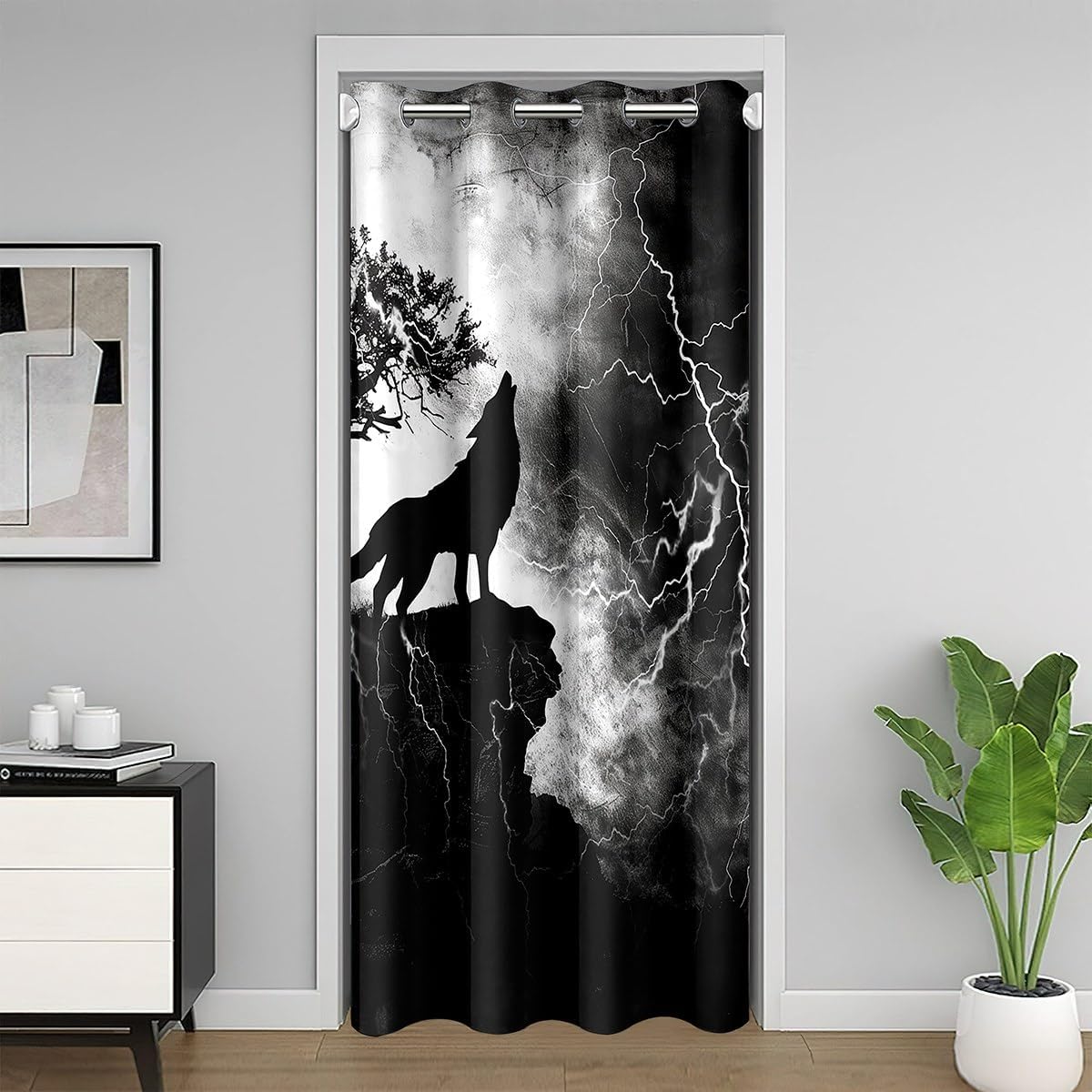 Howling Wolf Door Curtain Thunder Lightning Doorway Curtain Wild Wolf Silhouette Darkening Blackout Curtain Mysterious Night Wolf Drape for Bedroom Privacy 1 Panel 52" W X 80" L