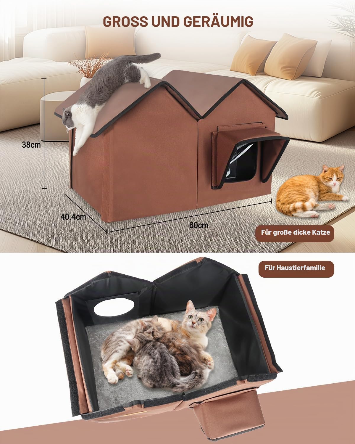 Katzenhaus im Freien, Große wasserdichte isolierte Katzenkennel mit erhöhter Basis, Winterhaus für Indoor-Katzen und kleine Hunde im Freien, Wilde Katzenschutz für mehrere Katzen, Braun
