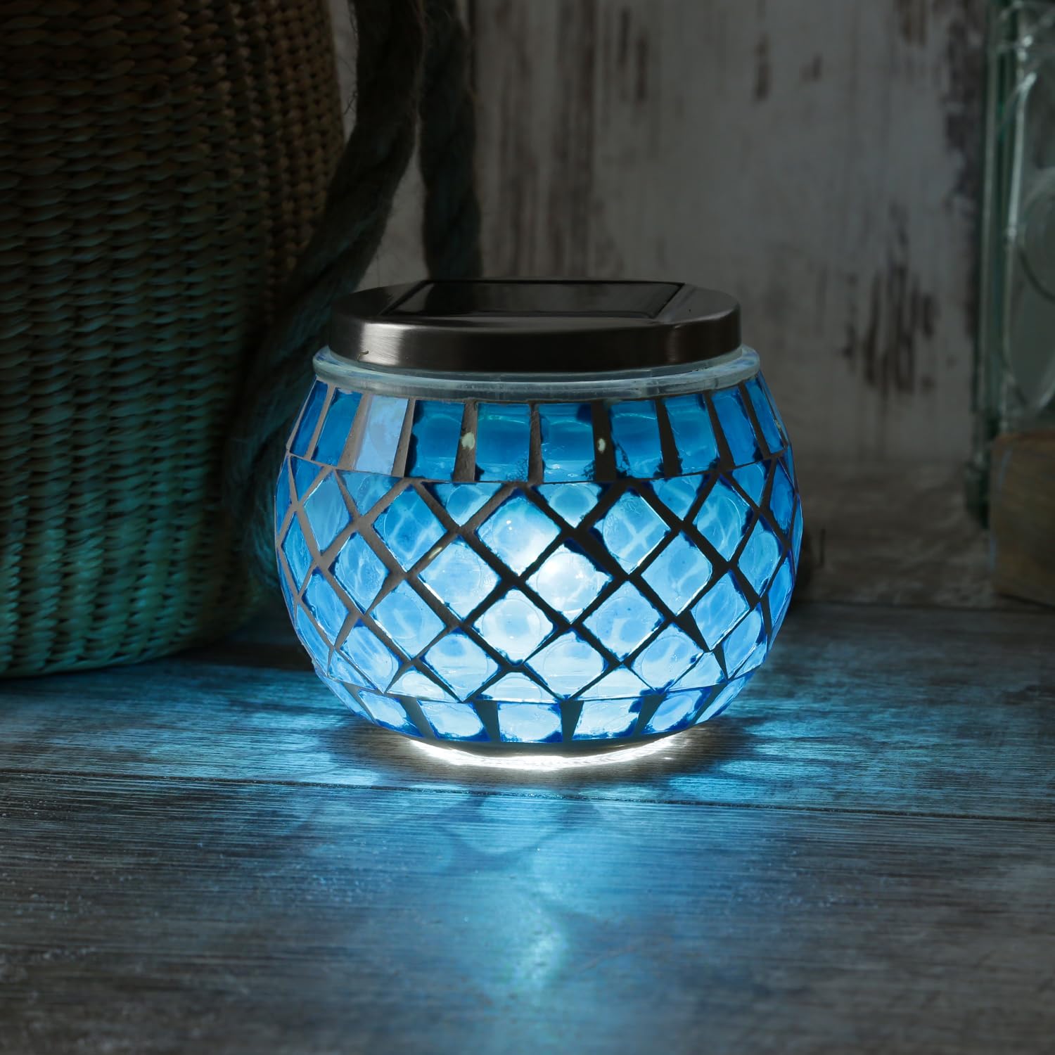 LED Solar Windlicht Mosaik Solarglas Mosaikglas Tischleuchte dekorative Solarleuchte kaltweiße LED mit Lichtsensor H: 9cm für Außen Terrasse Balkon blau