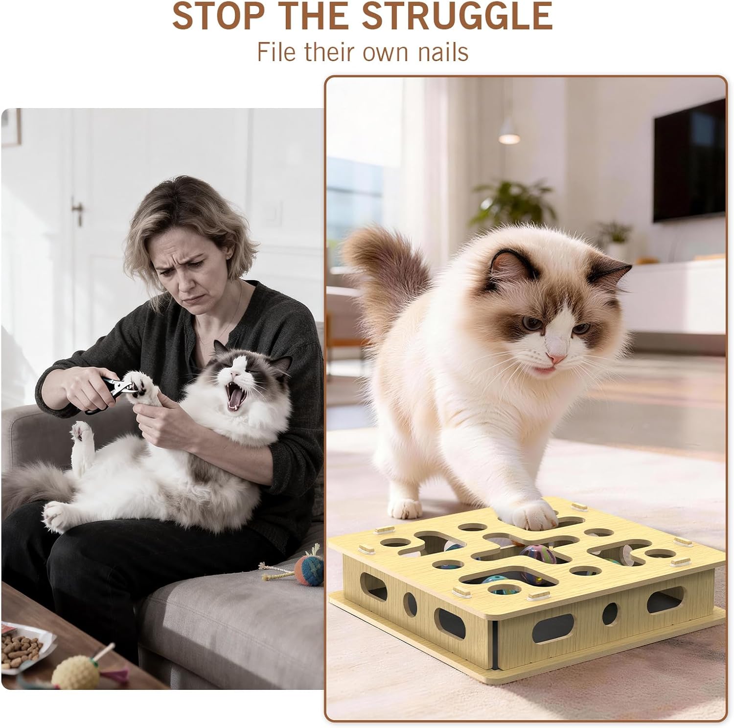 Cat Nail File Box with 5 Sandpaper Pads & 4 Bell Balls, Sturdy Wood Self-Grooming Scratcher for Treat-Motivated Cats, Interactive Cat Scratch Puzzle Enrichment Box with Silicone Security Rings