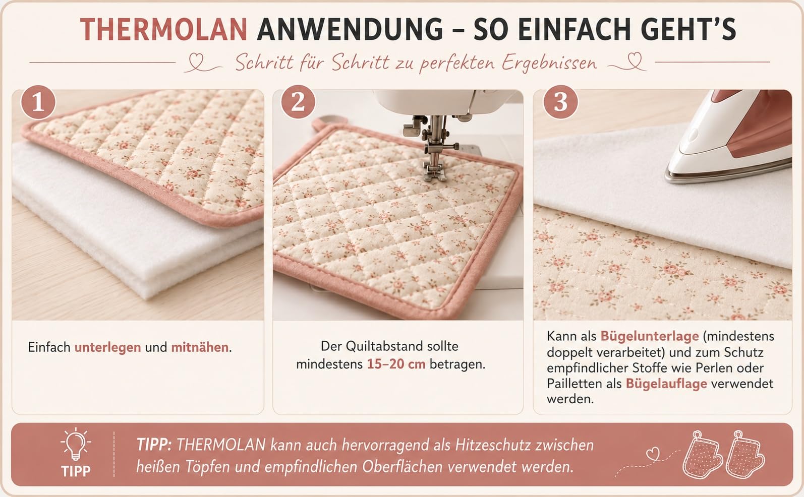 Nähmit THERMOLAN Volumenvlies 90 cm breit – wärmeisolierendes Nähvlies für Topflappen, Ofenhandschuhe, Quilt & Nähprojekte – 100% Polyester, Meterware (30)