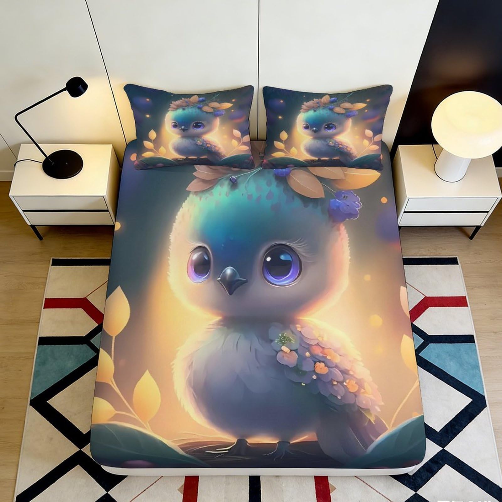 Pnayamiorkfel Style-3 3D Printed Fantasy Bird Fitted Sheet Microfiber Soft Decorative Cute Owl Mattress Cover For Bedroom Dorm Guest Room Bed Protection 90X200x25cm