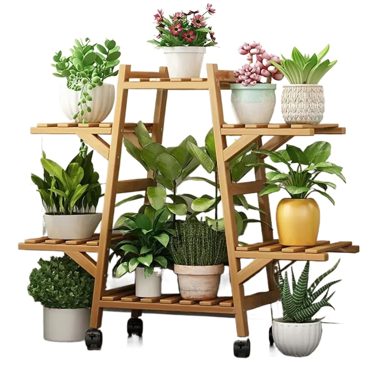 MHbdfsxz Plant Shelf For Multiple Plants Indoor Bamboo Plant Shelf Flower Holder Multiple Planter Display Stand With Wheels Flower Stand For Patio(76*23*71cm)