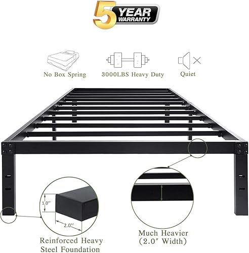 Miniatura 3 de 45MinST Marco de cama de plataforma de 14 pulgadas, base de colchón de fácil montaje, listones de acero resistente de 3000 libras, sin ruido, no