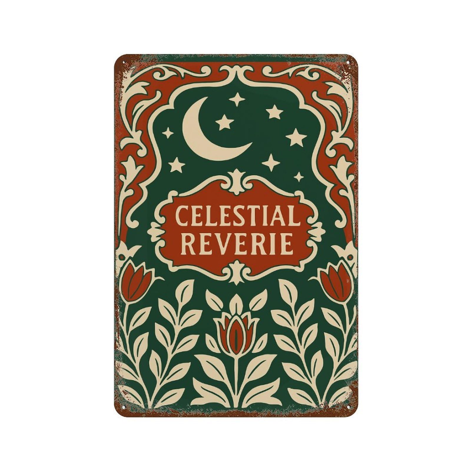 Rust Effect Celestial Reverie Art Nouveau Illustration Weathered Tin Sign 11.8"x7.9", Shabby Chic Decor for Patio, Garden Room And Bar Decor