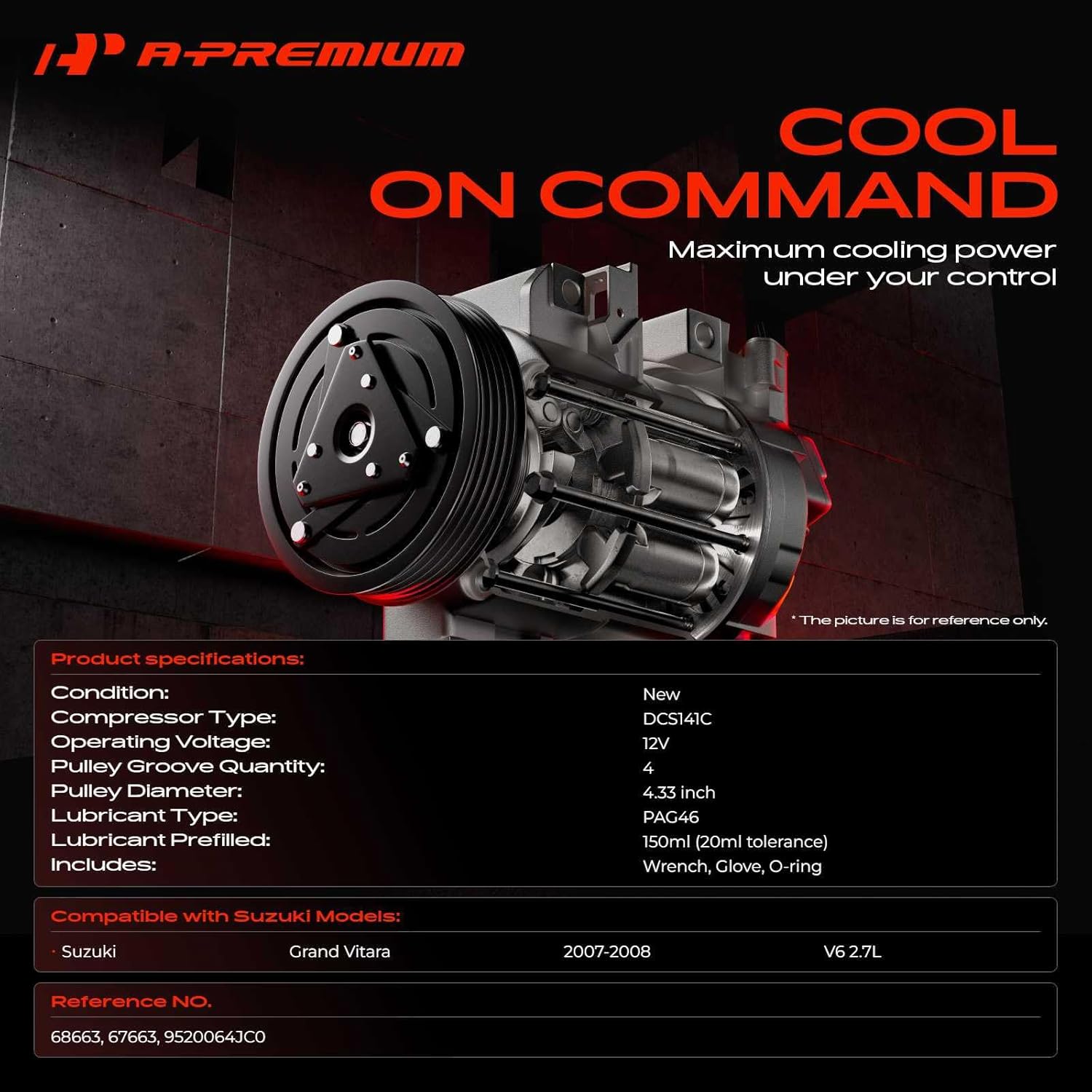 A-Premium A/C Compressor with Clutch Compatible with Suzuki Grand Vitara 2.7L 2007-2008